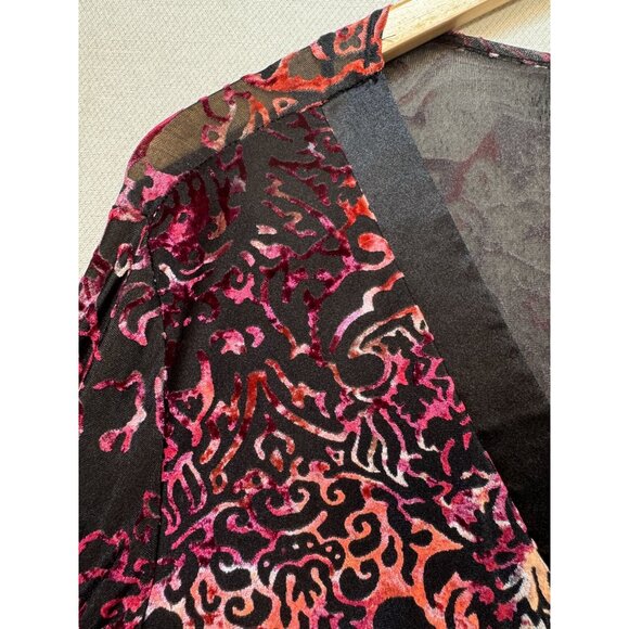 Venezia Velvet Burnout Wrap Blouse Top Womens 14/16 Red Sheer Flared Sleeves - Picture 3 of 12